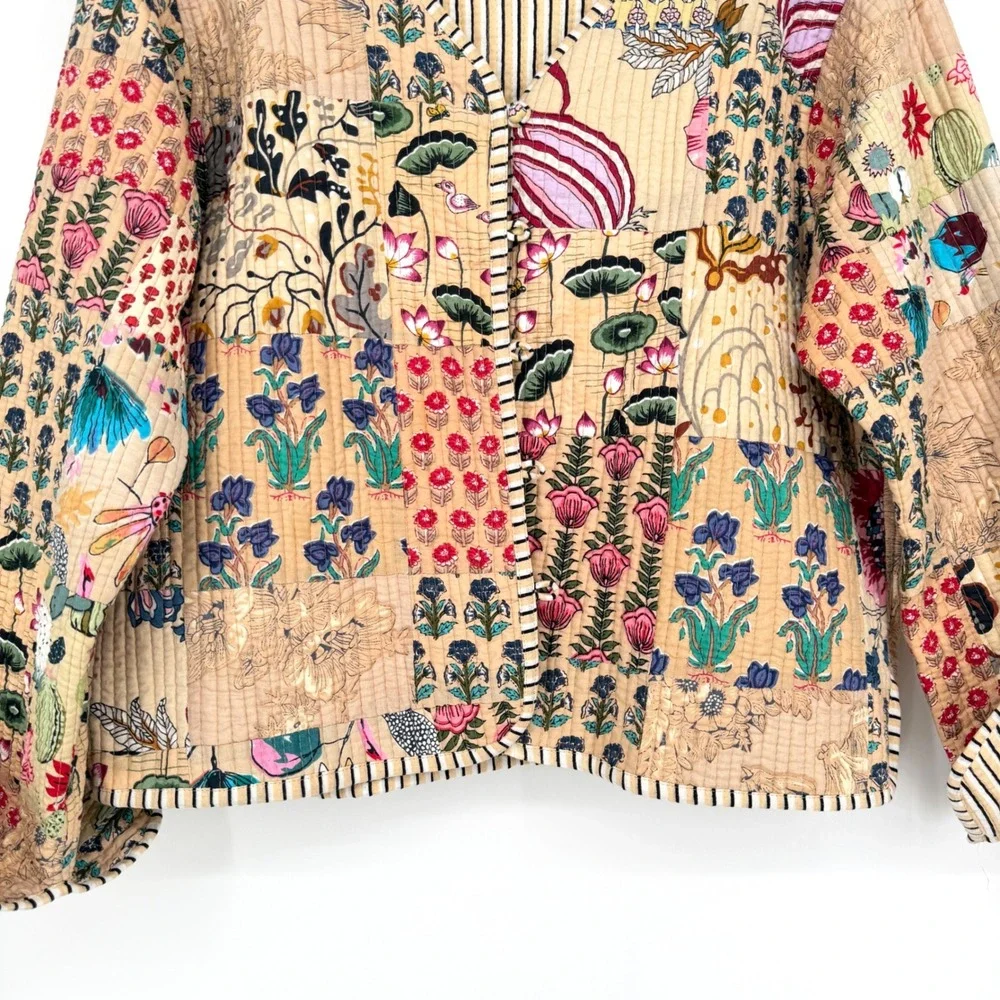 Reversible Quilted Patchwork Jacket Tan Multi Floral Kantha Style Button Front M - Picture 7 of 13